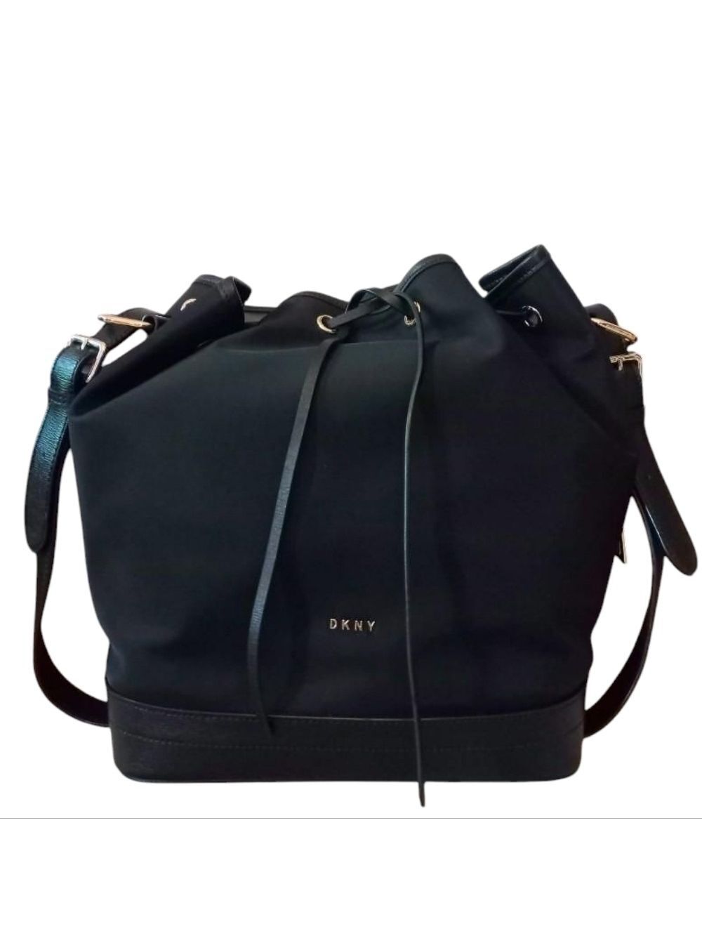 DKNY Black Bucket Bag with Drawstring Closure and Gold Hardware
